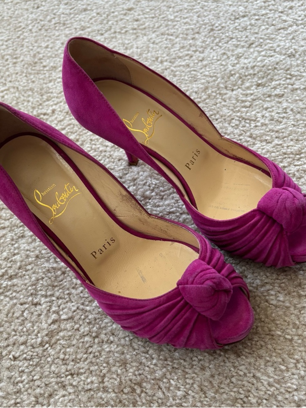 Christian Louboutin Magenta Suede Peep-Toe Kitten Heels